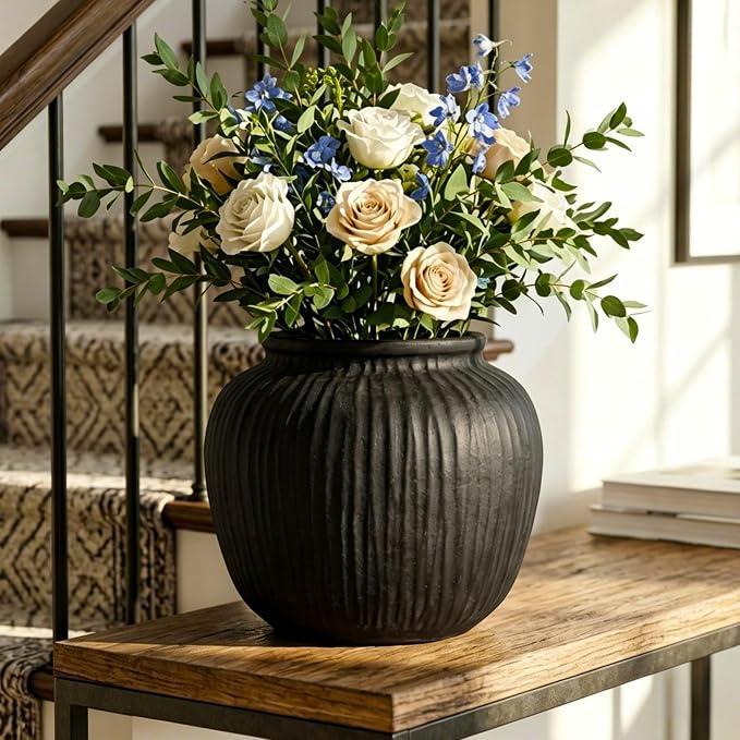 Oakrain Large Rustic Vase with Vertical Ribbed Texture, 9" Vintage Black Round Vase, Decorative Planter for Indoor, Table Centerpieces, Distressed Decor