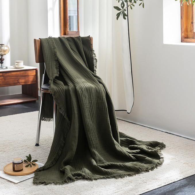 FOSSA Muslin Blanket 4-Layer 100% Cotton Gauze Blanket with Fringe 50"x60" | Super Soft Breathable Lightweight All Season & Decorative Blanket or Bed, Sofa, Office (Olive Green,Throw)