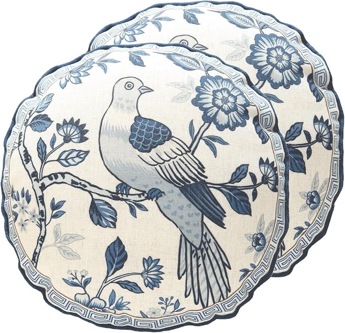 bilin gaier Round Linen Throw Pillow Cover,Set of 2,Diameter 16"-Suqing A | Designer Vintage Elegant Pillow Cover,Concealed Zipper,Blue Floral and Bird Pattern,Sofa,Bedroom,Living Room,Chairs