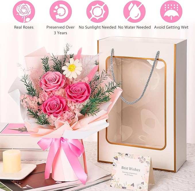 Flowers for Delivery Prime, Mothers Day Gifts for Mom,Preserved Flowers Bouquets, Pink Rose Birthday Gift for Women Wife Girlfriend Grandma, Real Forever Flower for Valentines Day Anniversary