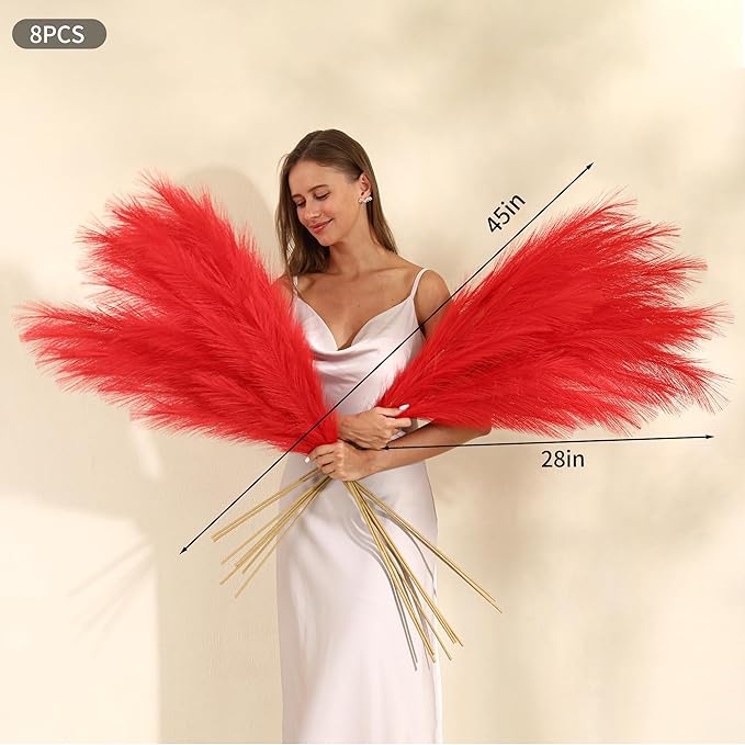 Wertuirk Red Pampas Grass Decor - 45-Inch Set of 8 | Artificial Large Pampas Grass Soft and Fluffy | Long Faux Flower | Perfect for Wedding Centerpieces, Farmhouse, Living Room Decor