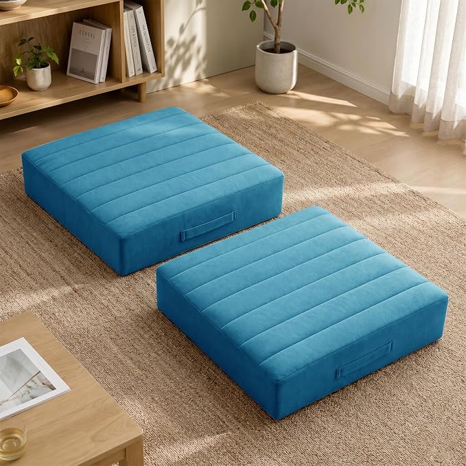 JKMAX 2 Pcs High Density Foam Floor Pillow - Upgraded Large Pillows Seating for Adults - Outdoor Floor Cushion with Soft Tufted Cover - Yoga Pillows for Sitting On Floor - 22 Inch Peacock Blue