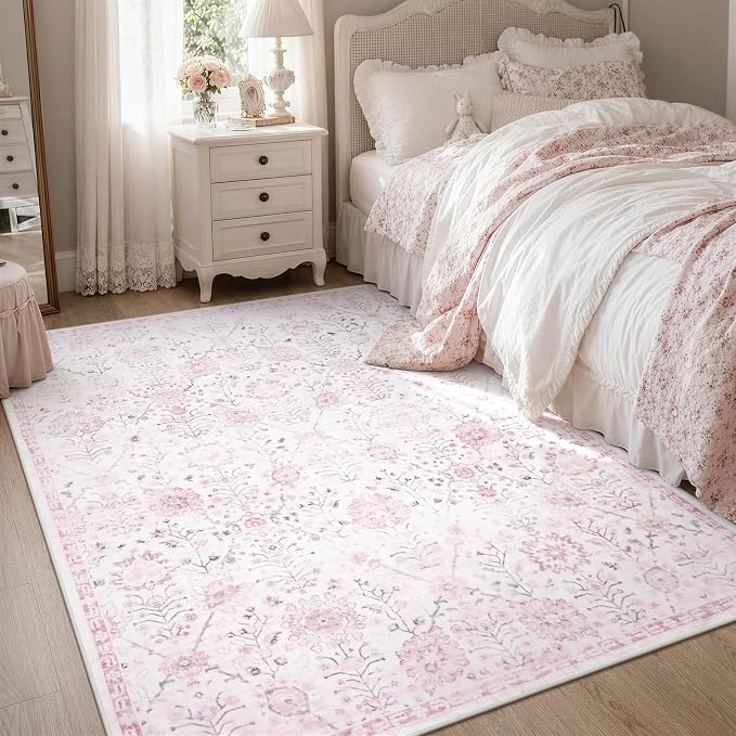 Lahome Flavie Nursery Rug 5x7, Soft Kids Rugs for Cozy Bedroom, Washable Boho Purple Carpet for Toddlers Girls Room, Non Shedding Non Slip Pastel Floral Print Thin Simple Carpets