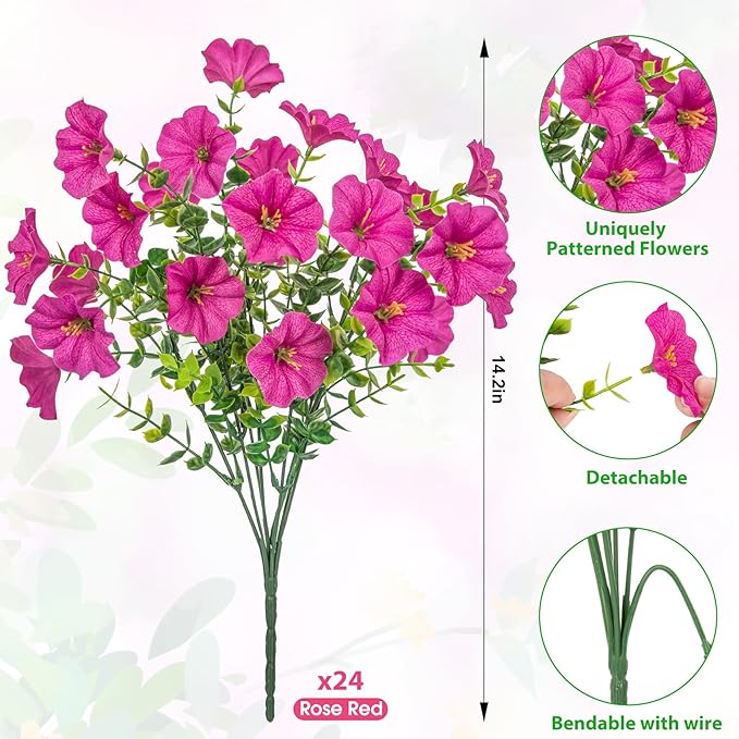 Ouddy Decor 24 Bundles Artificial Flowers for Outdoors, Fake Petunias Flowers Silk Morning Glory with Eucalyptus Faux Plants for Indoor Outside Spring Summer Yard Garden Porch Home Decor, Rose Red