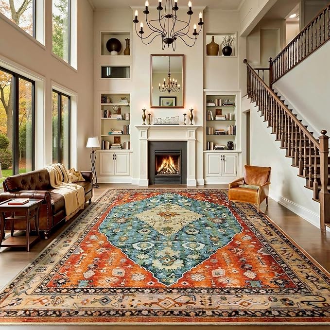SERISSA Washable Rugs 9x12 Area Rugs, Large Non-Slip Boho Living Room Rug, Ultra Soft Vintage Print Distressed Oriental Tribal Farmhouse Carpet for Dining Room Bedroom Dorm Office Home Decor