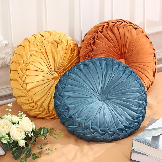 Drydiet 3 Pcs Round Throw Velvet Pillows Decorative Pleated Throw Pillows Diameter Accent Pumpkin Boho Chair Cushion for Couch Sofa Home Decoration (Yellow,Brunt Orange,Blue,15'')