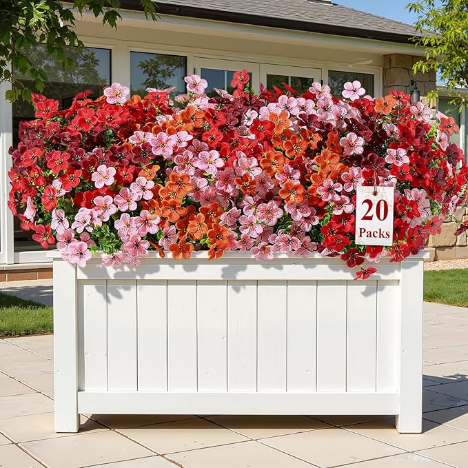 Alupssuc 20 Bundles Artificial Flowers for Outdoor Indoor Decoration, UV Resistant No Fade Fake Plants Eucalyptus, Colorful Faux Spring Flowers for Outside Yard Porch Patio Garden Home Window Box