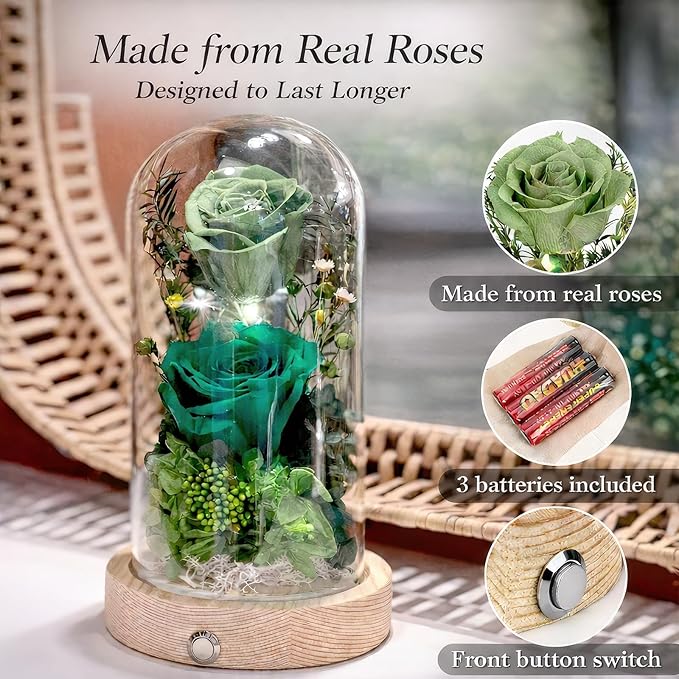 Preserved Flowers Gifts for Women, Unique Green Preserved Roses in Glass Dome, Forever Flowers for Mom, Birthday Gifts for Women