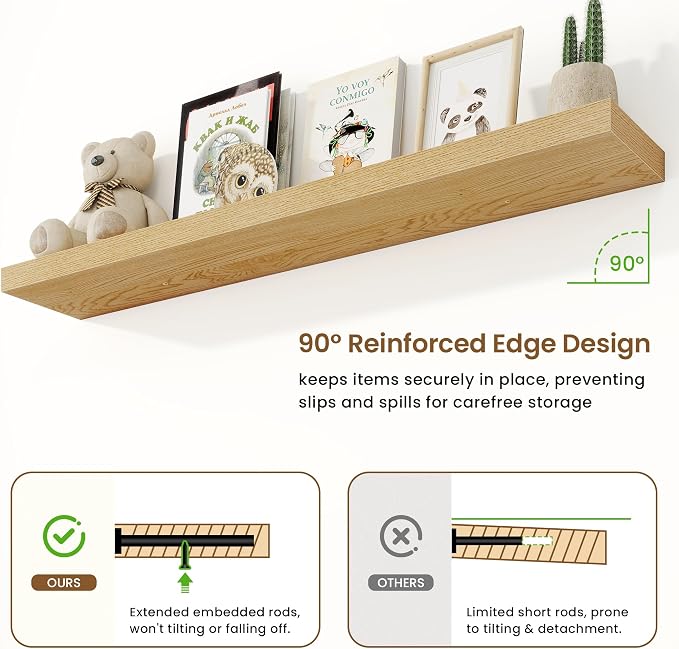 Marsmiles 55in Floating Shelves for Wall, 55" W x 9.25" D x 1.5" H, Long Wall Mounted Engineered Wood Shelves with Invisible Brackets for Living Room, Bedroom, Bathroom, Kitchen, Oak, 2Pcs