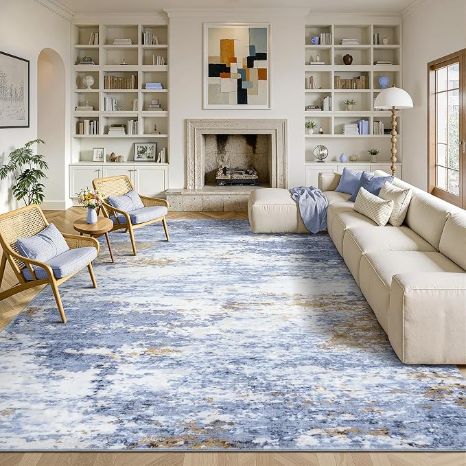Lofus 9x12 Area Rug for Living Room, Abstract Large Rugs with Non-Slip Backing, Neutral Modern Washable Carpet for Bedroom Dining Room Home Office Nursery Indoor,Light Blue/Brown