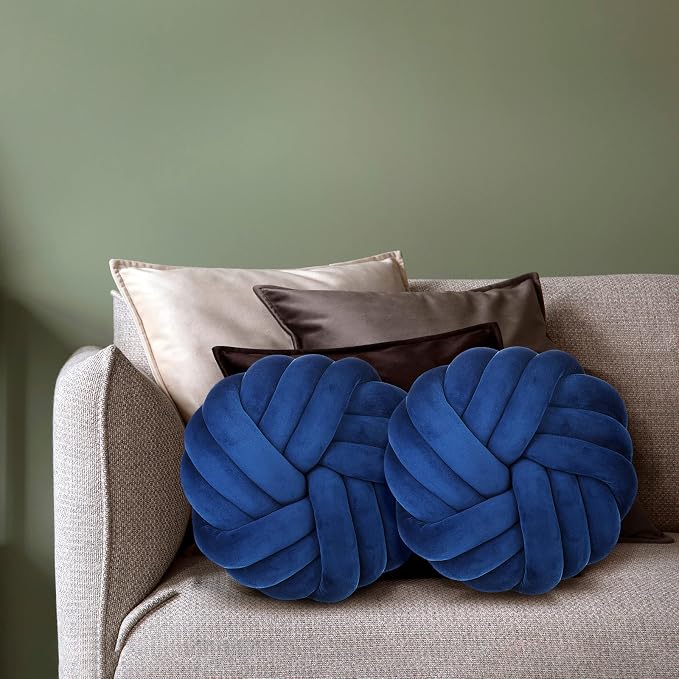 Fumete 2 Pcs 14 Inches Knot Pillow Round Throw Soft Plush Knot Ball Pillow Handmade Knotted Modern Home Decorative Cushion for Bed Bedroom, Sofa, Couch (Royal Blue)