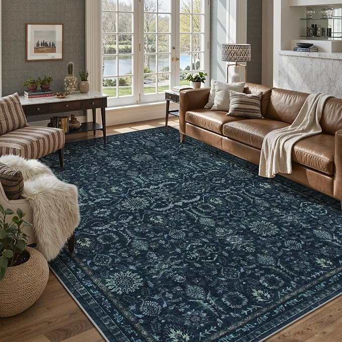 Lahome Navy Blue 8x10 Washable Area Rugs, Dark Blue Living Dining Room Rug | Dark Vintage Thin Stain Resistant Carpets for Bedroom Dorm Home Office