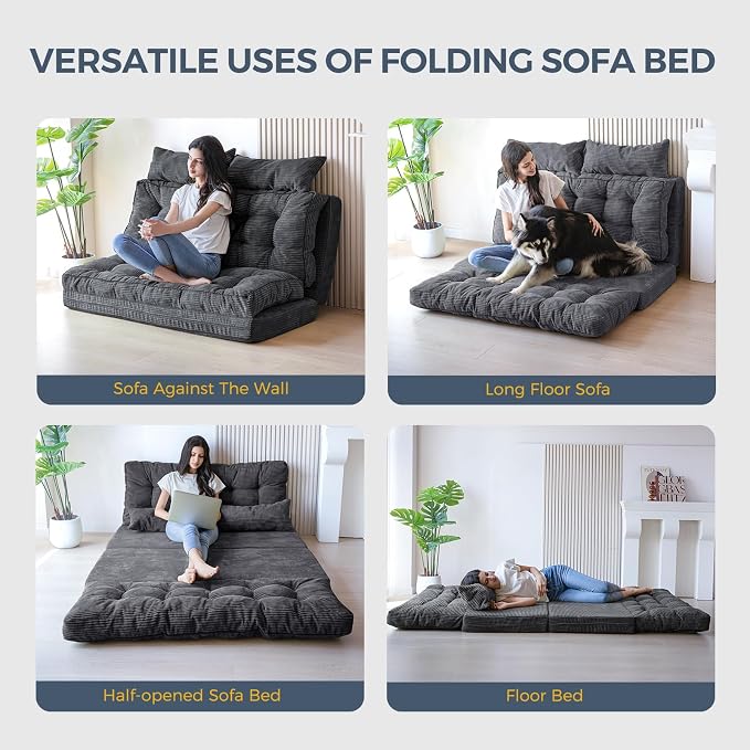 MAXYOYO Folding Sofa Bed, Tufted Bean Bag Bed with Pillows Floor Couch for Adults, Extra Thick and Long Floor Sofa, Full Couch for Bedroom Living Room, Dark Grey, 54x91 Inch