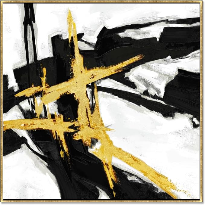 Sofoney Gold Framed Black & Gold Abstract Wall Art, 24"x24" | Hand Painted Texture, Gold Foil, Modern Brushstroke Canvas, For Living Room Bedroom Office