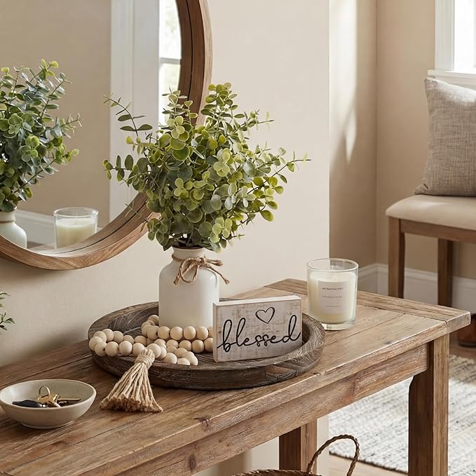 Rustic Modern Farmhouse Decor Set of 6 for Your Living Room, Kitchen Counter, Home or Table Centerpieces Room Decor, Wood Round Decorative Tray Easter Gifts for Women Men Easter Basket Stuffers