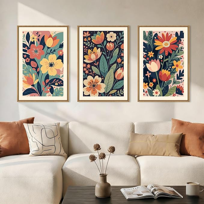KAIRNE Vintage Colorful Floral Framed Canvas Wall Art Set,Mid Century Modern Flower Wall Decor,Retro Wildflower Art Prints,Boho Botanical Artwork for Living Room,Bedroom,Farmhouse,Office-16 x24 x3