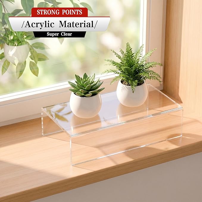 Sezanrpt Acrylic Shelf Riser 8x4.3x2 pack of 2, Clear Display Shelf 12” for Shoes, Glasses, Plants, Home Decors, Perfume, 8x4.3x2 Inch