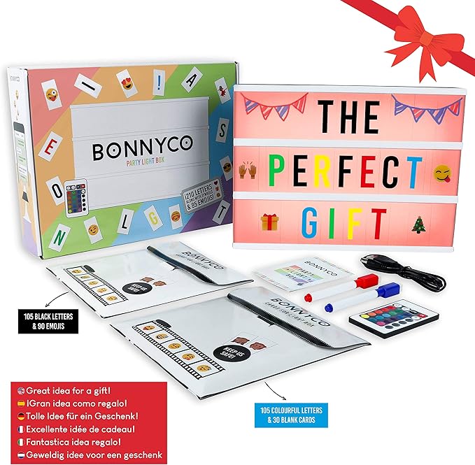 BONNYCO Cinema Light Box Color Changing with 400 Letters, Emojis, Remote Control and 2 Markers. Led Light Box 16 Colors Home, Office & Room Decor. Cinema Led Sign Letters Board, Gifts for Women Men