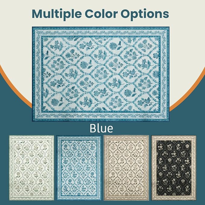 LIANLAM Checkered Rug 8x10 Area Rugs for Living Room - Stain Resistant & Non-Slip Backing Vintage Boho Floral Design Rug for Bedroom,Durable & Ultra-Thin Large Washable Area Rug(8x10,Blue)