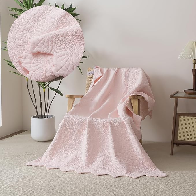 Brandream Pink Scalloped Edge Quilt Cotton Quilted Throw Blanket for Bed Couch Daybed 47 X 60 Inch Decorative Throw Blankets