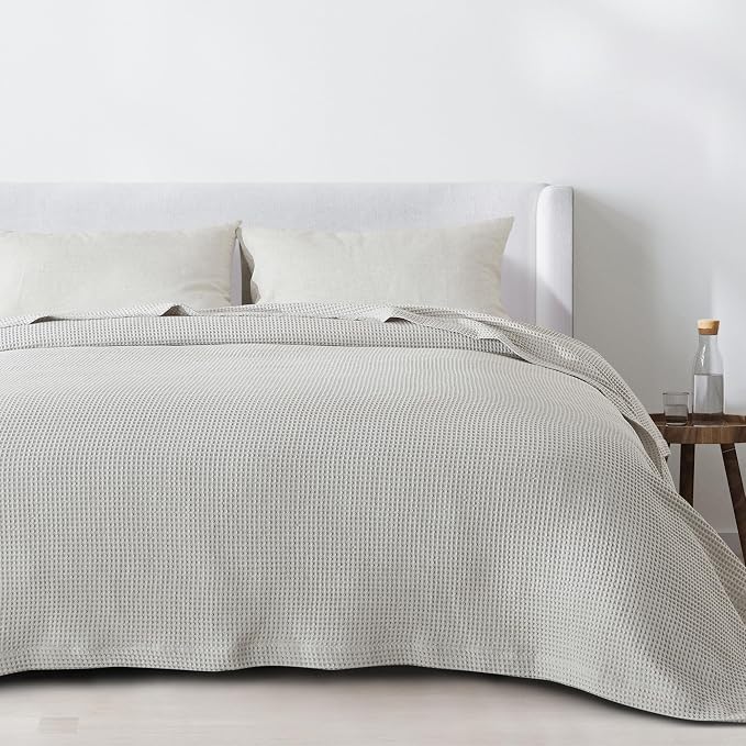 100% Cotton Light Grey Blanket Full/Queen Size for Bed - Breathable and Soft, Waffle Weave for Summer Spring, 90x90 Inches.