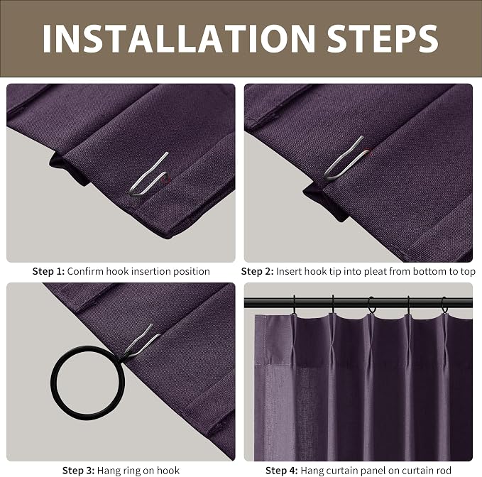 Guken Plum Purple Pinch Pleated Linen Curtains 84 Inches Long 2 Panels Vintage Boho Window Curtain for Living Room Bedroom Light Filtering Semi Sheer Back Tab Draps with Hooks Rings Aesthetic Decor