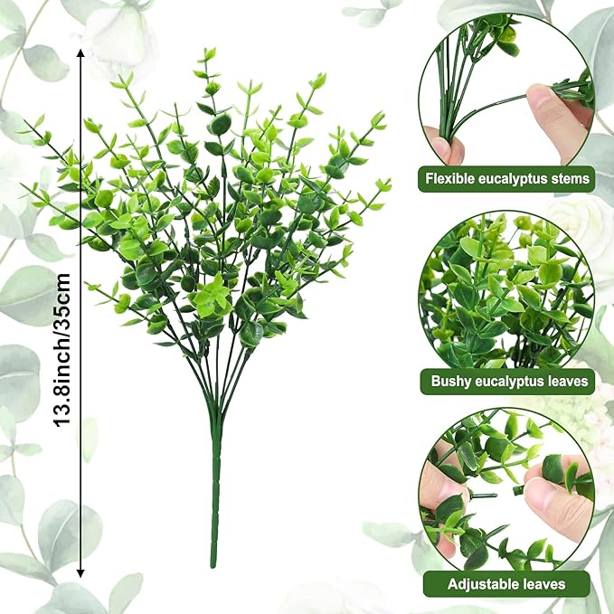 12 Bundles Greenery Artificial Plants Outdoors, Eucalyptus Stems UV Resistant Fake Foliage Plants Faux Boxwood Shrubs Indoor Decorations Artificial Flowers for Garden Pot Porch Fence Hanging Planter
