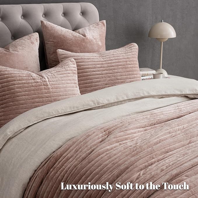 PHF Luxury Velvet Quilt Set King Size – 3PCS Ultra Soft Quilted Comforter Alternative with Striped Channel, Cozy Quilted Bedspread, 1 Coverlet with 2 Matching Shams, 108" x 92", Rose Pink