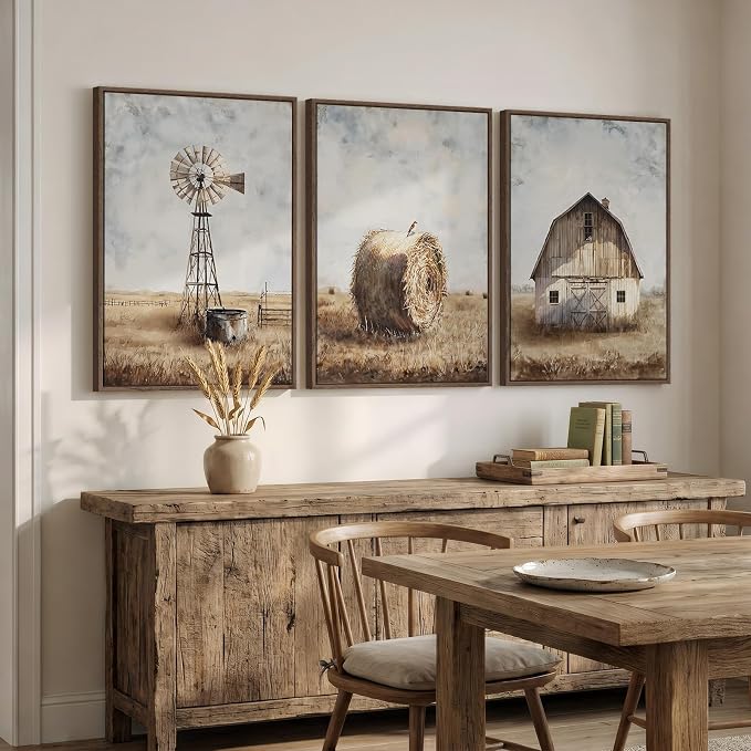 Framed Vintage Farmhouse Wall Art for Living Room, Set of 3 Neutral Rustic Barn Windmill Large Canvas Prints, Country Hay Bale Wall Decor for Bedroom Dining Room Hallway 20x30 Inch