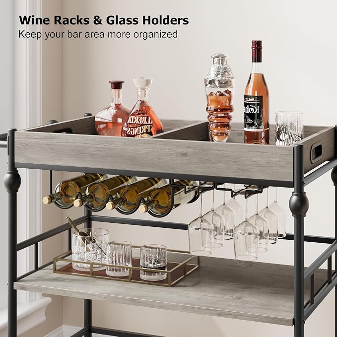 Garvee Bar Cart with Wheels, 3-Tier Rolling Serving Cart with Removable Tray, Mobile Kitchen Beverage Cart with Wine Rack & Glass Holder, Retro Roman Column Design, 35.4 x 15.7 x 34.1 Inches, Grey