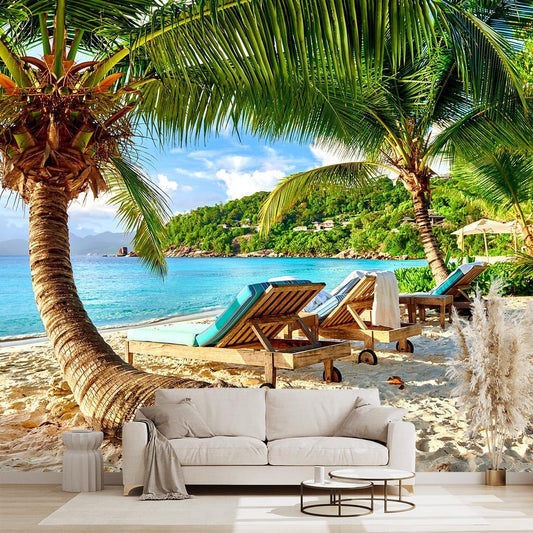 Classy Beach Backdrop Wallpaper for Bedroom Palm Tree Large Wall Mural Living Room Beach Scene Adhesive Fabric Decor - 160"x108"（Not Peel and Stick）