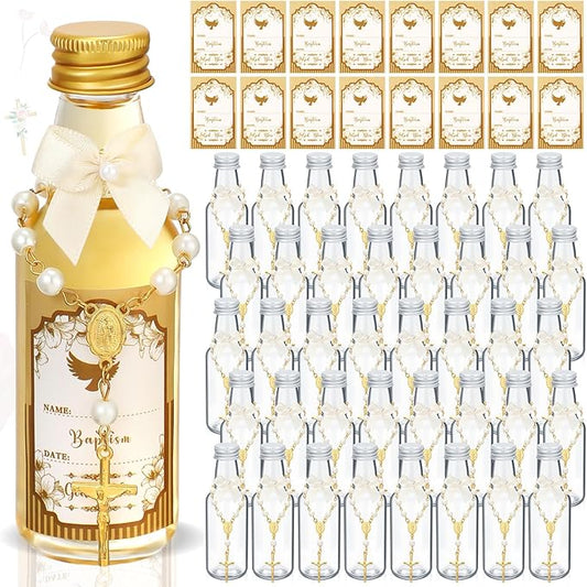 FillTouch 24 Sets Catholic Holy Water Bottle Baptism Rosary Set Baptism Favors 1.7oz Christian Water Container Empty Glass Holy Water Bottle for Easter Party Church Wedding Table Newborn (Gold)