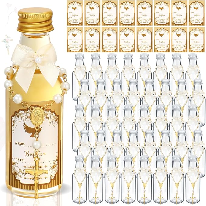FillTouch 40 Sets Catholic Holy Water Bottle Baptism Rosary Set Baptism Favors 1.7oz Christian Water Container Empty Glass Holy Water Bottle for Easter Party Church Wedding Table Newborn (Gold)