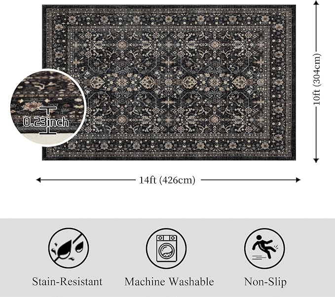 Ruaruarug Washable Area Rug 10x14 for Living Room, Bedroom, Ultra Soft Non Slip Stain & Fade Resistant, Pet & Kids Friendly, Suitable for High Traffic Areas Easy to Clean for Kitchen, Black Grey