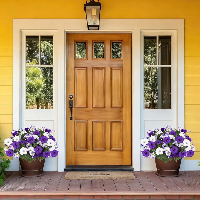 Artificial Flowers for Outdoors, Faux Morning Glory Spring Summer Decoration, Fake Flowers Plants UV Resistant Look Real Silk Flowers for Outside Planter Front Door Porch Patio Yard (12, Purple-White)