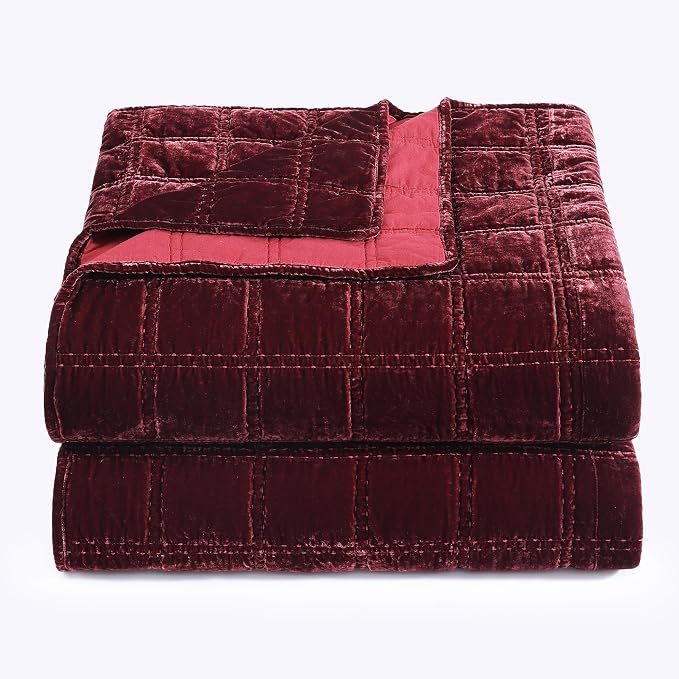 HiEnd Accent Stella Faux Silk Velvet Double Box Stitch 3 Piece Quilt Set, King Size, Garnet Red Solid Color, Classic Chic Modern Rustic Elegant Bedding Set, Lightweight Bed Set