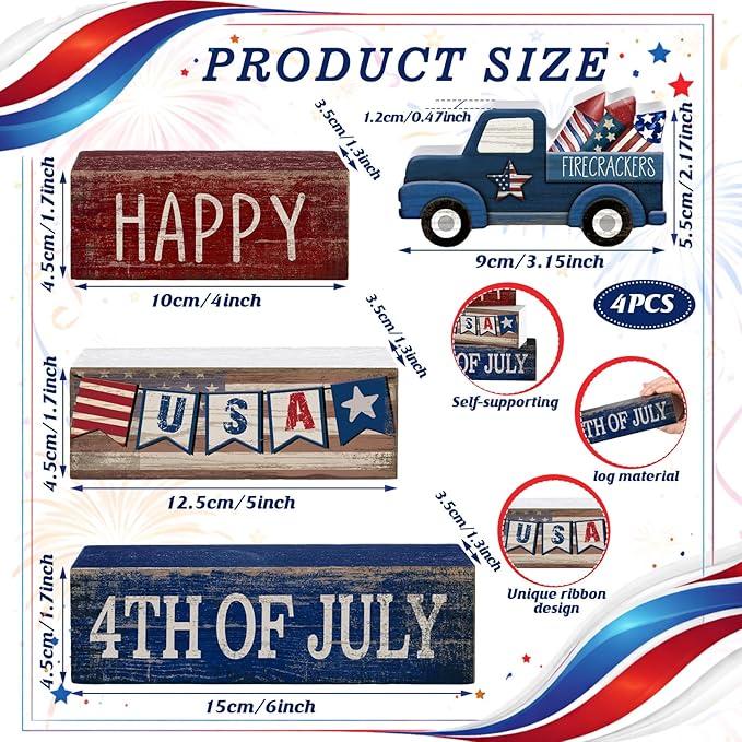 CroBlissful 4 Pcs 4th of July Decorations Patriotic Memorial Day Tabletop Decorations Red White Blue Table Centerpieces Sign for Office Tiered Tray Home Shelf 250th Anniversary(Happy Usa)