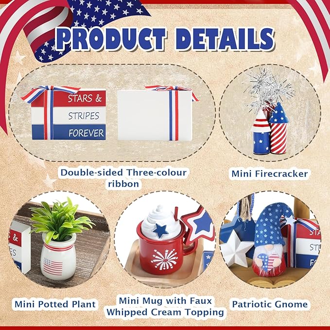 4th of July Decorations 8 Pcs Tiered Tray Decor, Patriotic Memorial Day Independence Day Decorations for Home Office Indoor, Fourth of July Table Centerpiece Shelf Mantel Red White and Blue Decor Sign