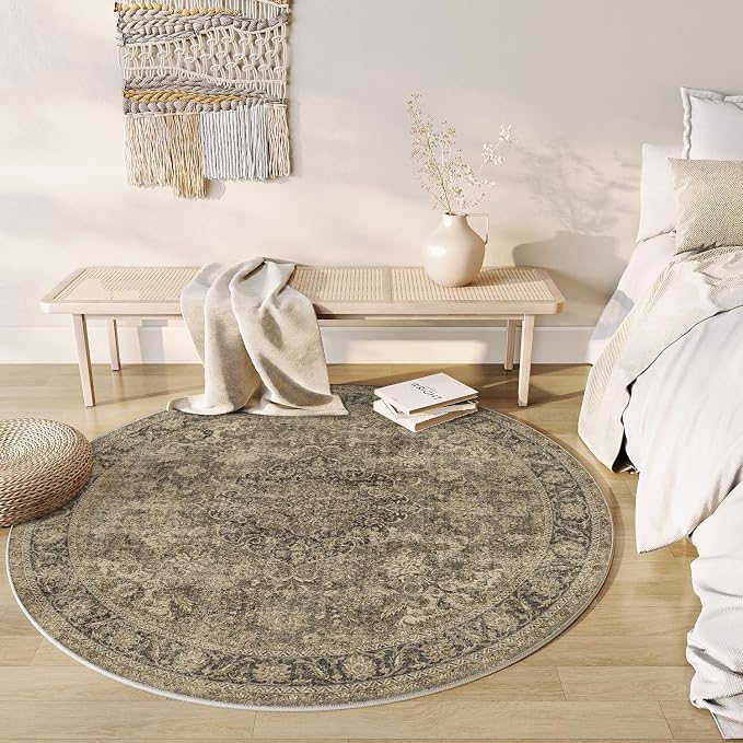 6x6 Washable Round Rug Brown Vintage Non Slip Soft Low Pile Circle Rug for Living Room Bedroom Distressed Oriental Indoor Carpet for Dining Room Office Entryway Home Decor
