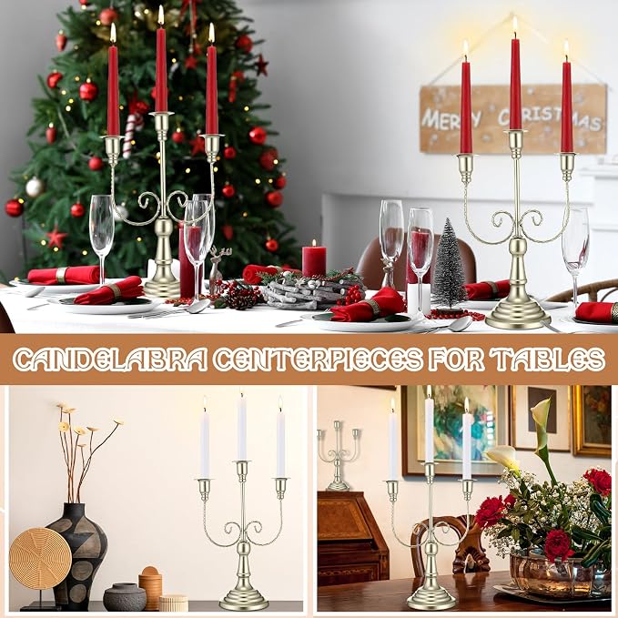 Dandat 3 Pcs 3 Arm Metal Candelabra Candlestick Holders Tall Candlestick Holders Gothic Candle Holder for Home Wedding Church Christmas Party (Retro,11.8 Inch,Matte Silver)