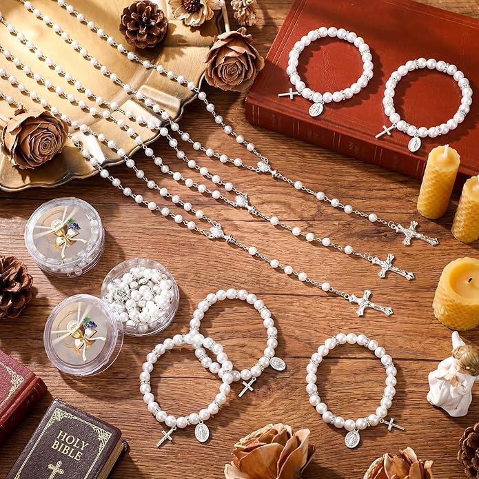 Kenning 24 Pcs First Communion Favor Rosary & Bracelet White Religious Rosary Bead Christian Baptism Gifts for Guests Primera Comunion Gift for Baptism Church Wedding