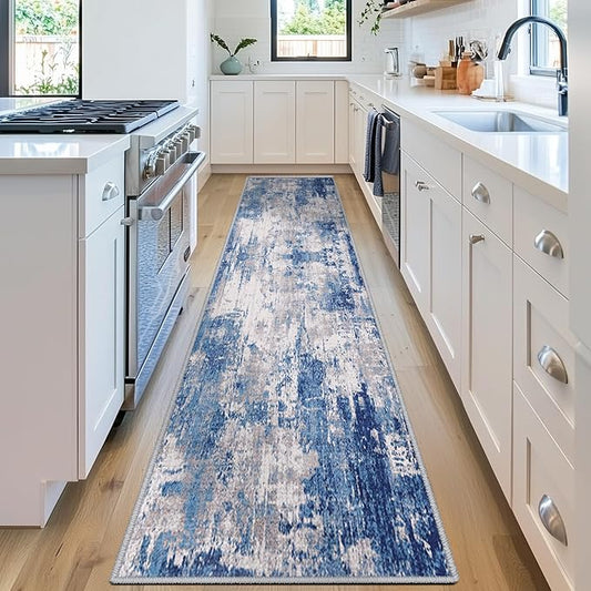 RELEANY Washable Area Rugs 2'x8' Non-Slip Modern Abstract Soft for Living Room Entryway Bedroom Nursery, Print Pattern, Blue Grey Navy Gray