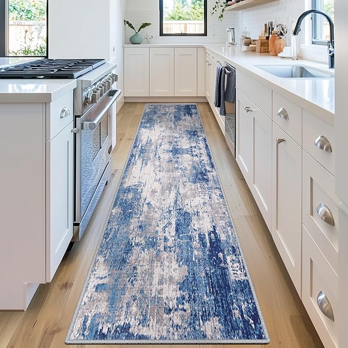 RELEANY Washable Area Rugs 2'x10' Non-Slip Modern Abstract Soft for Living Room Entryway Bedroom Nursery, Print Pattern, Blue Grey Navy Gray