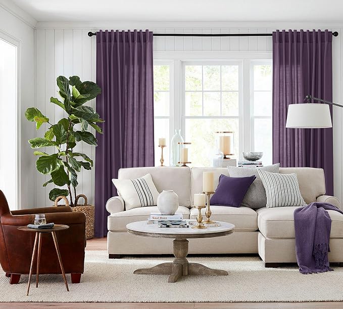Jowels Plum Linen Curtains 84 Inch Long 2 Panels for Living Room | Light Filtering Semi Sheer Curtain, Back Tab Pocket Pleated Look, Boho Farmhouse Textured Privacy Drapes for Bedroom Window