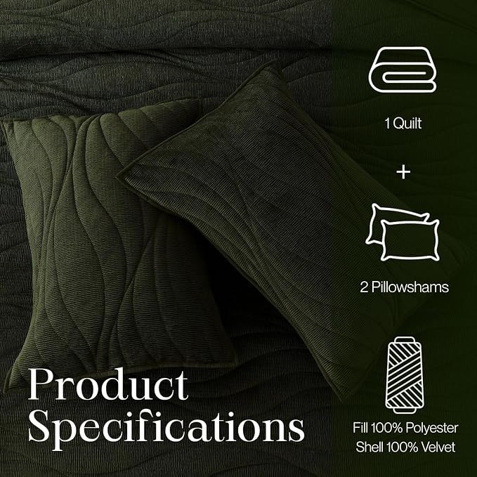 DOWN HOME Crinkle Textured Velvet Quilt Set with Shams, All-Season Luxury Modern Bedding,Easy Care Comforter,Ultra-Soft,Lightweight & Breathable, Queen, Courtyard Green