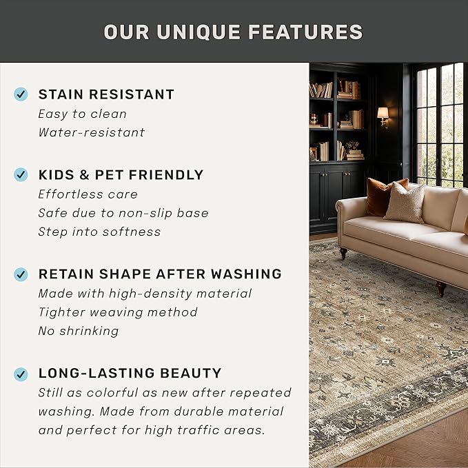 Boho Earth Tone 7x10 Living Room Rug - Distressed Natural Taupe Washable Bedroom Area Rug, Modern Vintage Dining Room Carpet, Non-Slip Stain & Fade Resistant