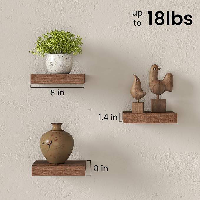 Fun Memories Small Floating Shelves for Wall - 8 Inch Square Wall Shelves with Invisible Brackets, Brown Shelves for Bathroom, Living Room, Bedroom, and Kitchen Decor, Set of 3