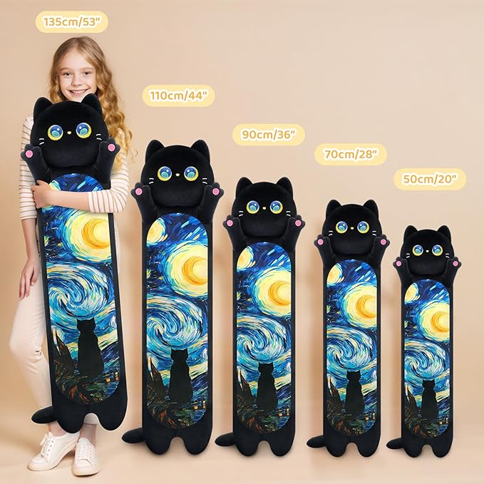 Mewaii Long Cat Plush 5 Sizes, 120% Extra Filling Giant Plushness Kids Body Pillow, Kawaii Cute Black Starry Cat Stuffed Animals Plushies, Big Long Black Cat Body Pillow Plush Gift for Girls 20”