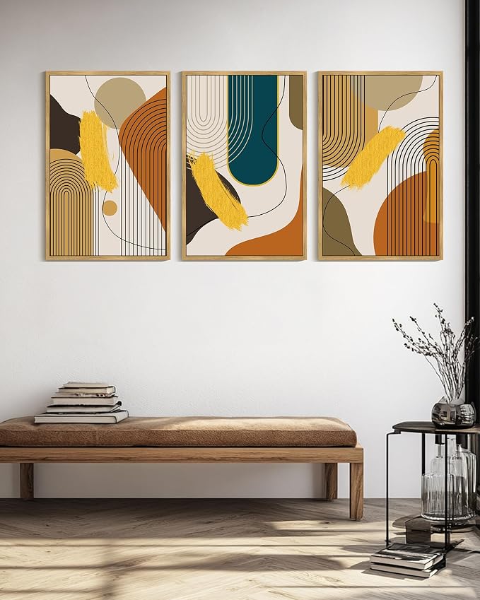 PHOPAGO Boho Abstract Framed Wall Art Large 24x36in Mid-Century Modern Bohemain Minimalist Luxury Gold Line Artwork Hallway Bedroom Decor - Natural Framed
