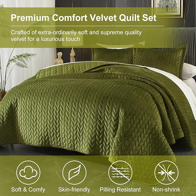 Ivellow Velvet Quilt King Size, Green Lightweight Bedspread Full Soft Reversible Coverlet for All Season 3Pcs Luxury Velvet Comforter with Brushed Microfiber Back Leaf Embroidered Quilted Bedding Set